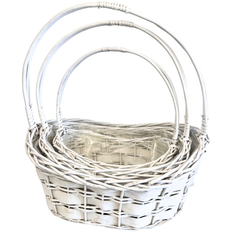 Komplet trzech Koszy Kosz Kwiatowy Prezentowy Wiklinowy Biały 54 cm Komplet trzech Koszy Kosz Kwiatowy Prezentowy Wiklinowy Biały 54 cm