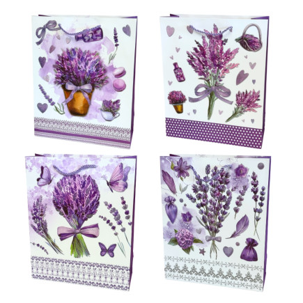 Torebka Prezentowa Ozdobna Papierowa Lawenda 26x10x32 cm MIX 12 Sztuk