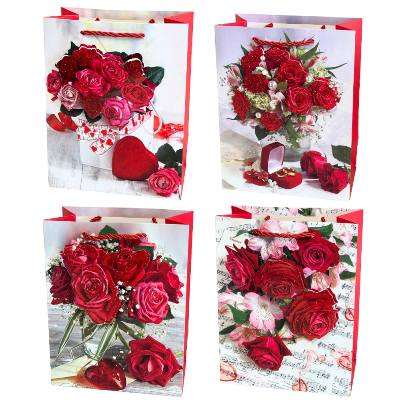 Torebka Prezentowa Ozdobna Papierowa Róże 18x10x23 cm MIX 12 Sztuk