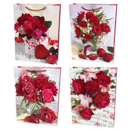 Torebka Prezentowa Ozdobna Papierowa Róże 30x12x42 cm MIX 12 Sztuk