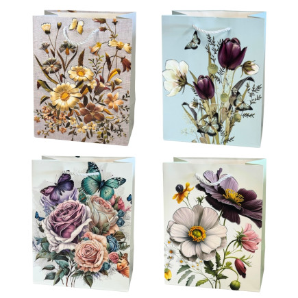 Torebka Prezentowa Ozdobna Papierowa Kwiaty 18x10x23 cm MIX 12 Sztuk