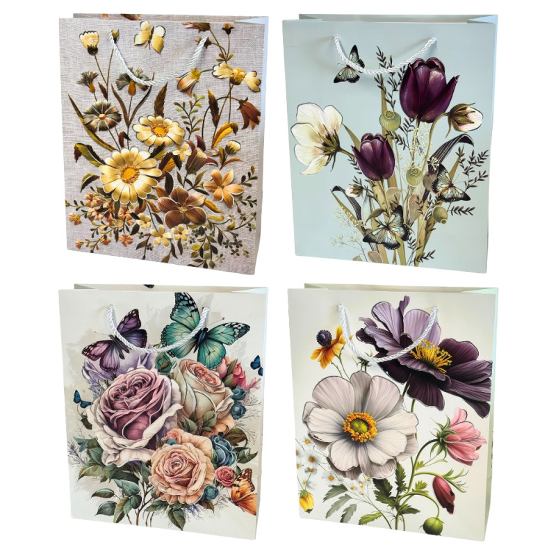 Torebka Prezentowa Ozdobna Papierowa Kwiaty 26x10x32 cm MIX 12 Sztuk
