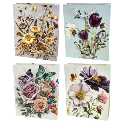 Torebka Prezentowa Ozdobna Papierowa Kwiaty 26x10x32 cm MIX 12 Sztuk