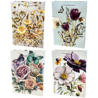 Torebka Prezentowa Ozdobna Papierowa Kwiaty 30x12x42 cm MIX 12 Sztuk
