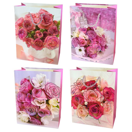 Torebka Prezentowa Ozdobna Papierowa Róże 18x10x23 cm MIX 12 Sztuk