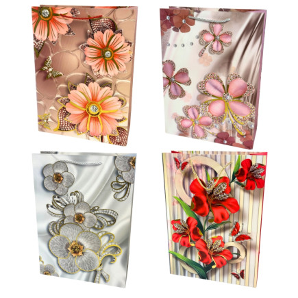 Torebka Prezentowa Ozdobna Papierowa Kwiaty 30x12x42 cm MIX 12 Sztuk