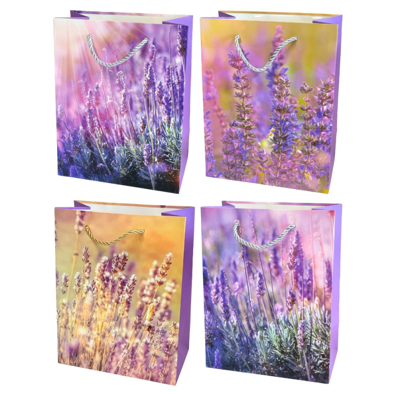 Torebka Prezentowa Ozdobna Papierowa Kwiaty Fiolet 18x10x23 cm MIX 12 Sztuk