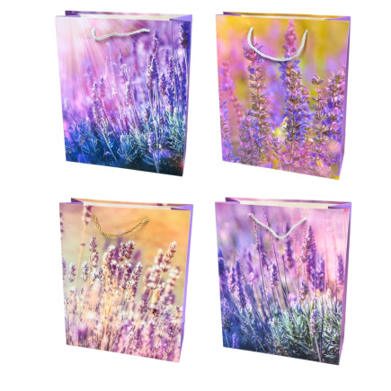 Torebka Prezentowa Ozdobna Papierowa Kwiaty Fiolet 26x10x32 cm MIX 12 Sztuk