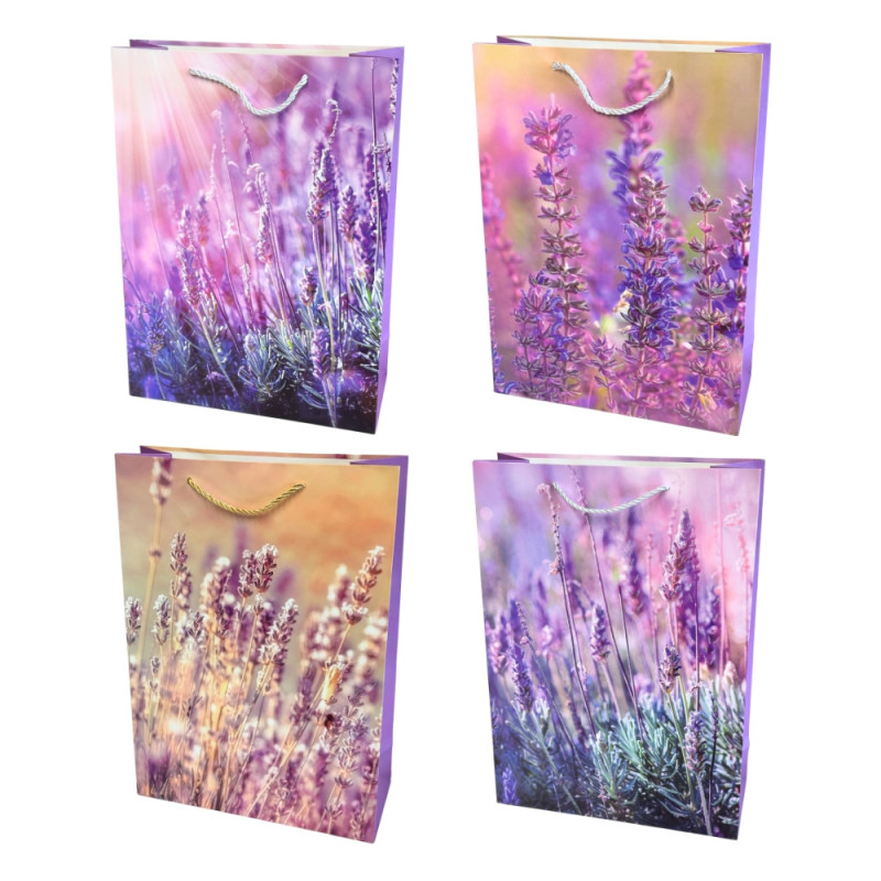 Torebka Prezentowa Ozdobna Papierowa Kwiaty Fiolet 30x12x42 cm MIX 12 Sztuk