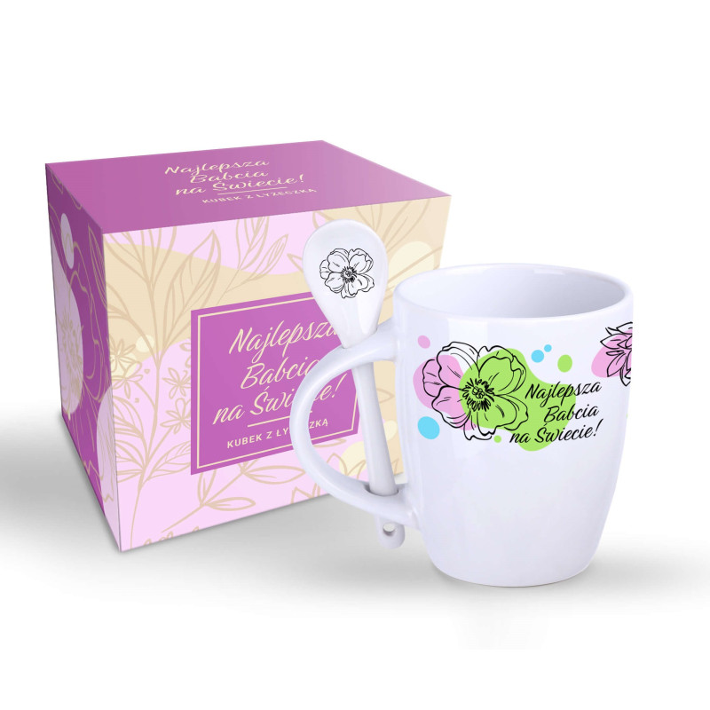 Kubek z Łyżeczką dla Babci Prezent Na Święta Upominek na Dzień Babci 300 ml Kubek z Łyżeczką dla Babci Prezent Na Święta Upominek na Dzień Babci 300 ml