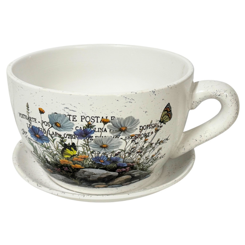 Ceramiczna Filiżanka z podstawkiem Doniczka Dekoracyjna Ozdobna Kwiaty 31,5 cm