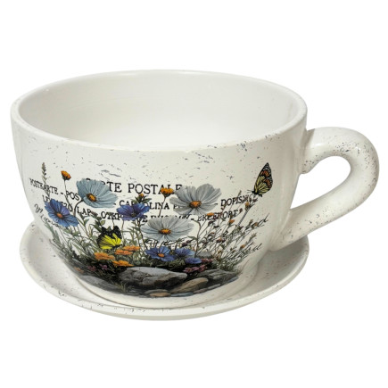 Ceramiczna Filiżanka z podstawkiem Doniczka Dekoracyjna Ozdobna Kwiaty 25 cm