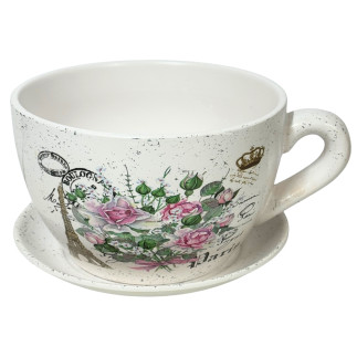 Ceramiczna Filiżanka z podstawkiem Doniczka Dekoracyjna Ozdobna Kwiaty Paris 25 cm