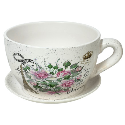Ceramiczna Filiżanka z podstawkiem Doniczka Dekoracyjna Ozdobna Kwiaty Paris 25 cm