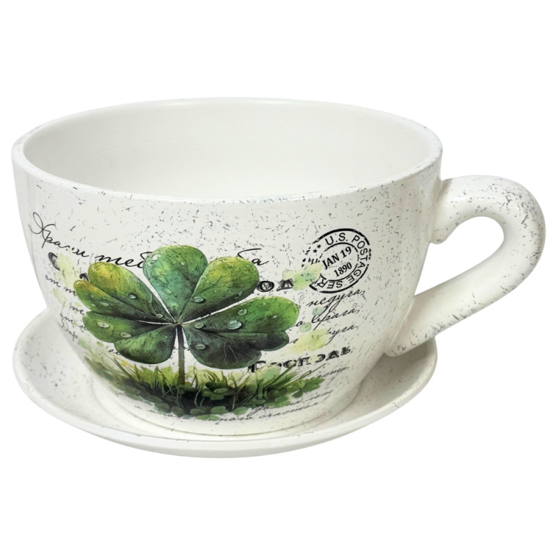 Ceramiczna Filiżanka z podstawkiem Doniczka Dekoracyjna Ozdobna Koniczynka 19 cm