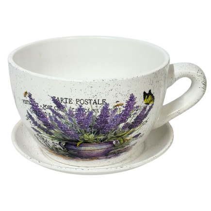 Ceramiczna Filiżanka z podstawkiem Doniczka Dekoracyjna Ozdobna Lawenda 19 cm