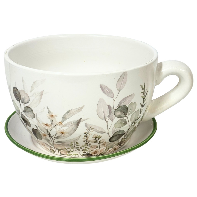 Ceramiczna Filiżanka z podstawkiem Doniczka Dekoracyjna Ozdobna Kwiaty 15,5 cm