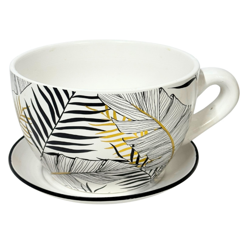 Ceramiczna Filiżanka z podstawkiem Doniczka Dekoracyjna Ozdobna Liście 15,5 cm