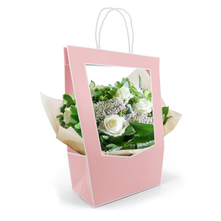 Torebka Papierowa Prezentowa z okienkiem na kwiaty z Rączką JASNY RÓŻ 47 x 23 cm - 5 sztuk