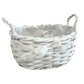 Osłonka wiklinowa Owalna z Wstążką Biała Dekoracyjna Kwiaty Kompozycja 22cm